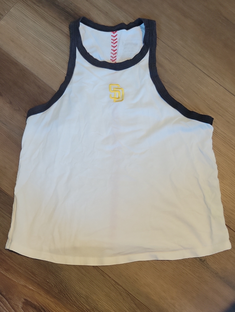 White & Navy Trim Women’s Tank with Yellow Logo